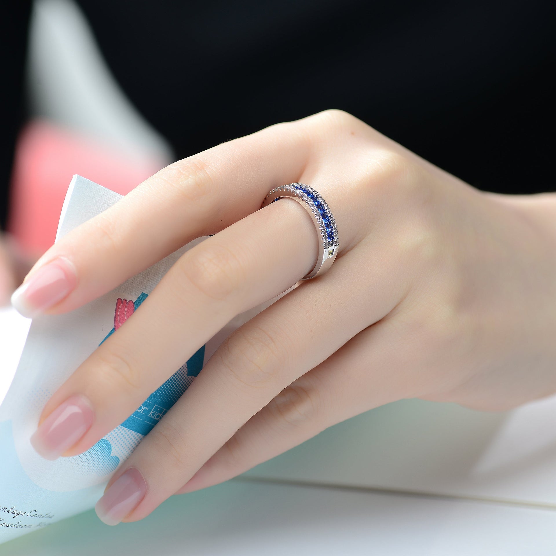 Ga Sterling Silver With Rhodium Plated And Sapphire Cubic Zirconia Band Ring