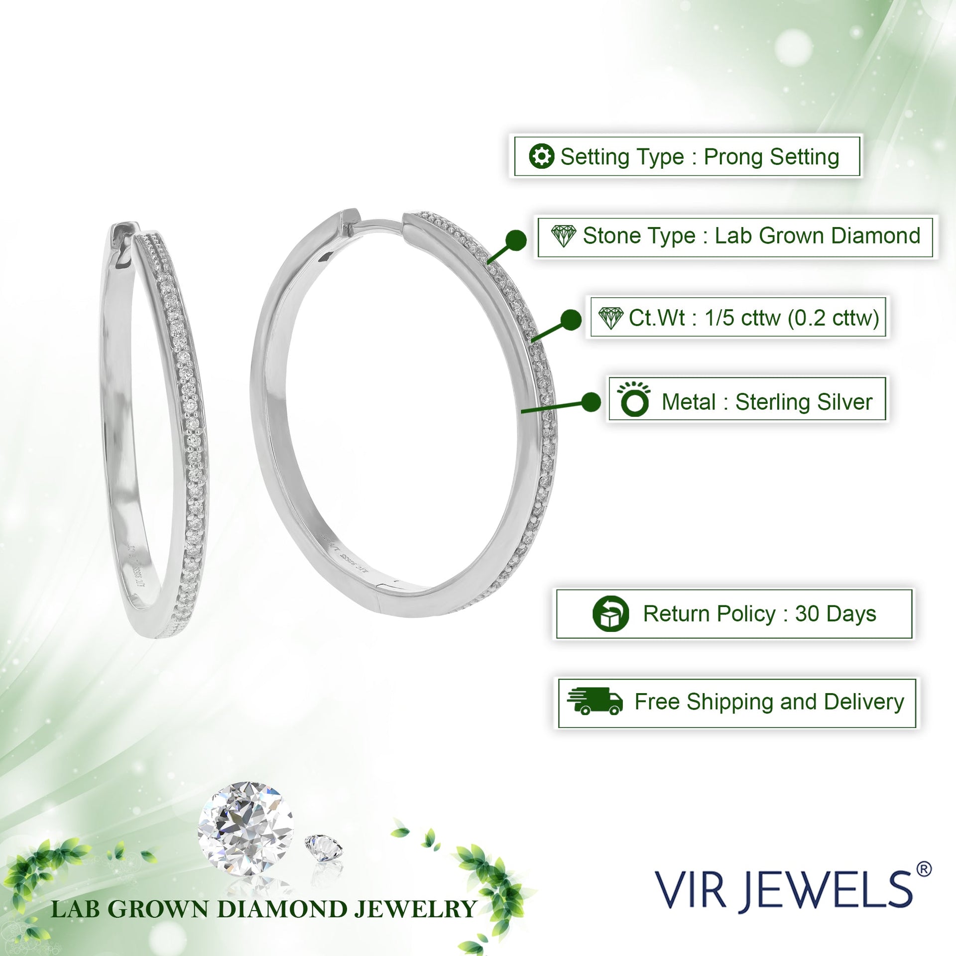 1/5 cttw Round Lab Grown Diamond Hoop Earrings Made With .925 Sterling Silver Prong Setting Size 1 Inch