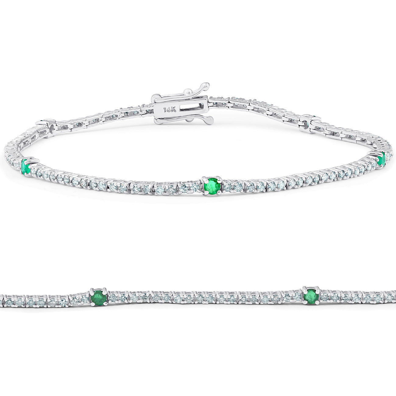 1 1/10 Ct Diamond & Genuine Green Emerald Tennis Bracelet 14k White Gold 7'
