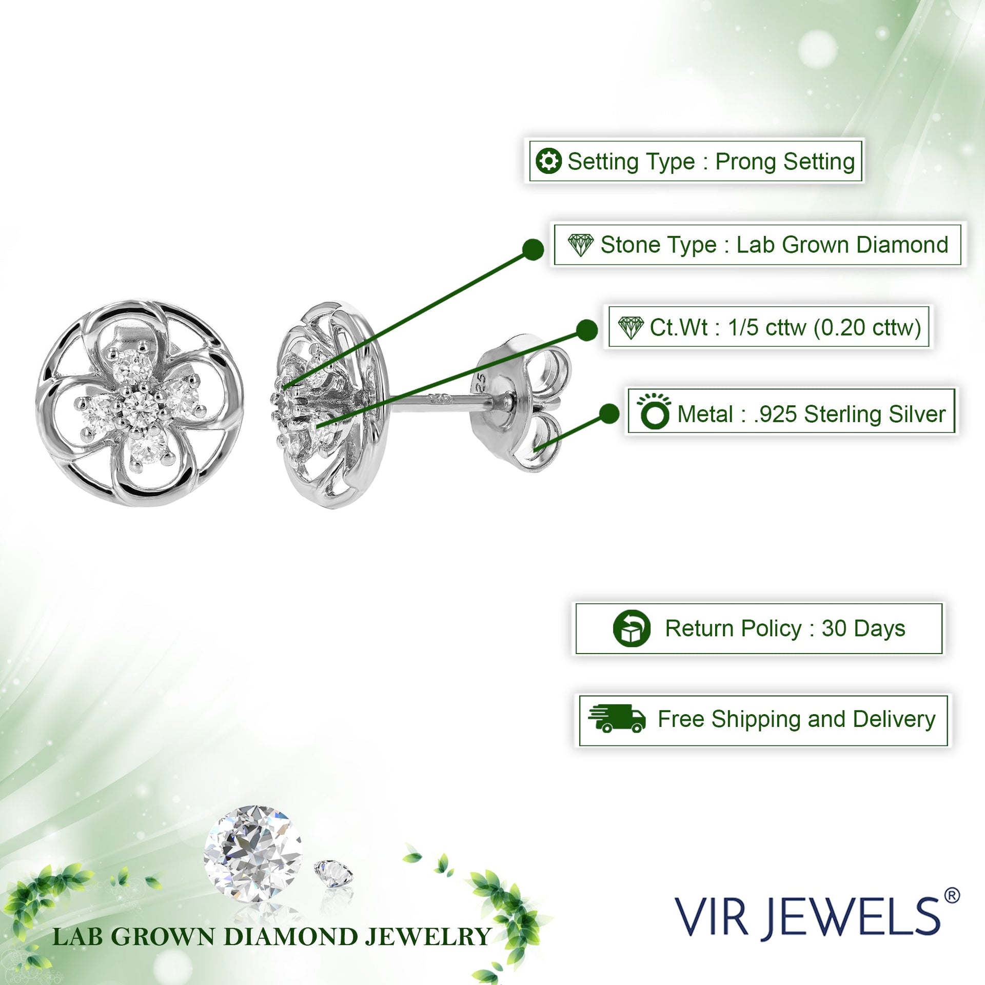 1/5 cttw Lab Grown Diamond Stud Earrings Gorgeous Prong Setting on .925 Sterling Silver