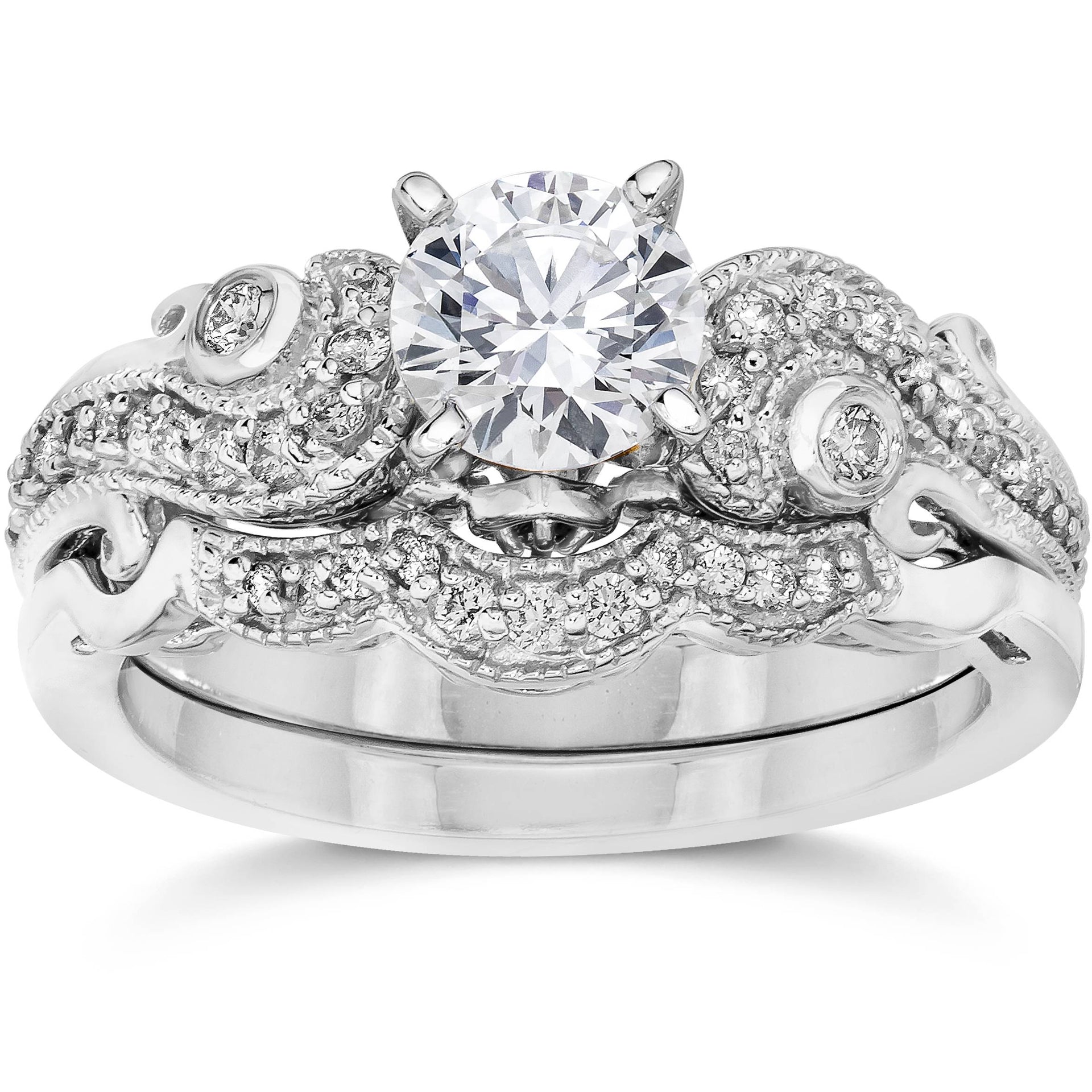 Emery 3/4Ct Vintage Diamond Engagement Wedding Ring Set 14K White Gold