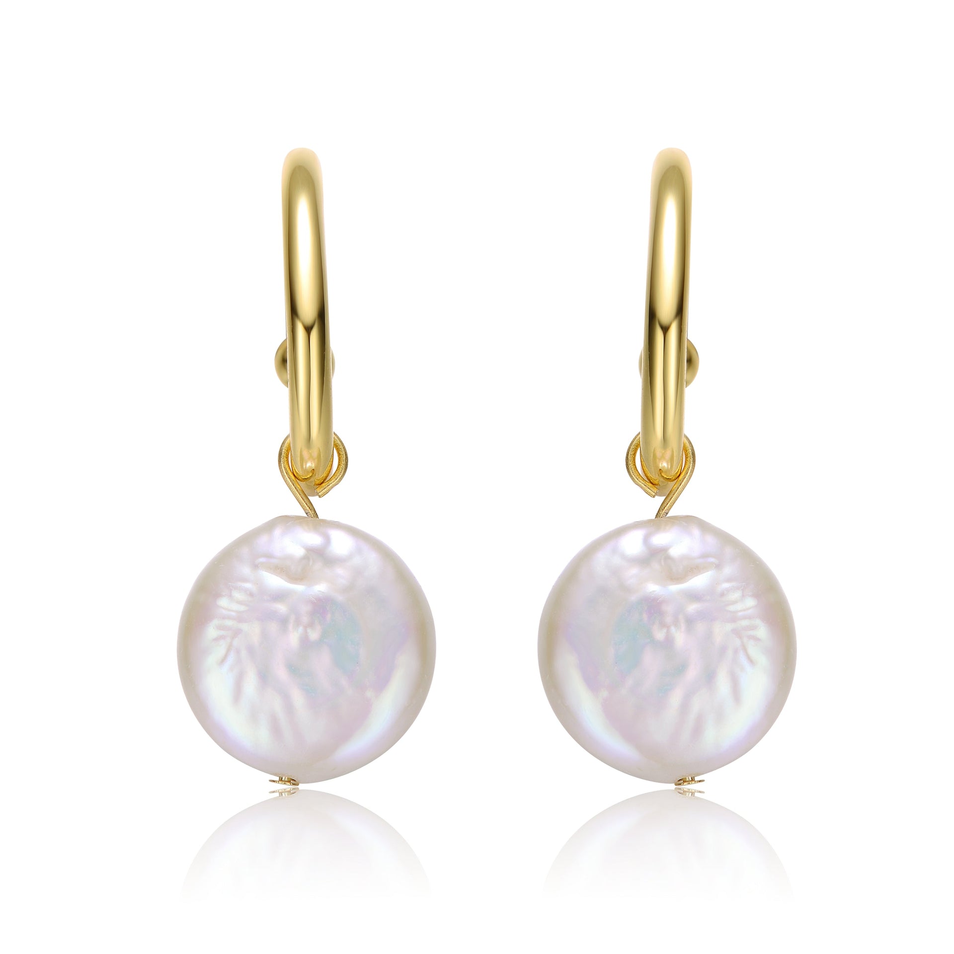 Sterling Silver 14k Yellow Gold Plated with White Coin Pearl Dangle Drop Marquise Medallion Earrings