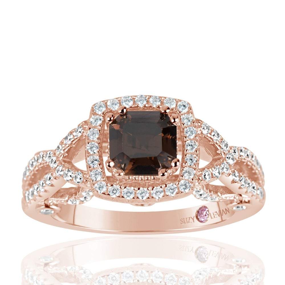 Suzy Levian Rose Sterling Silver Asscher Cut Brown and White Cubic Zirconia Engagement Ring