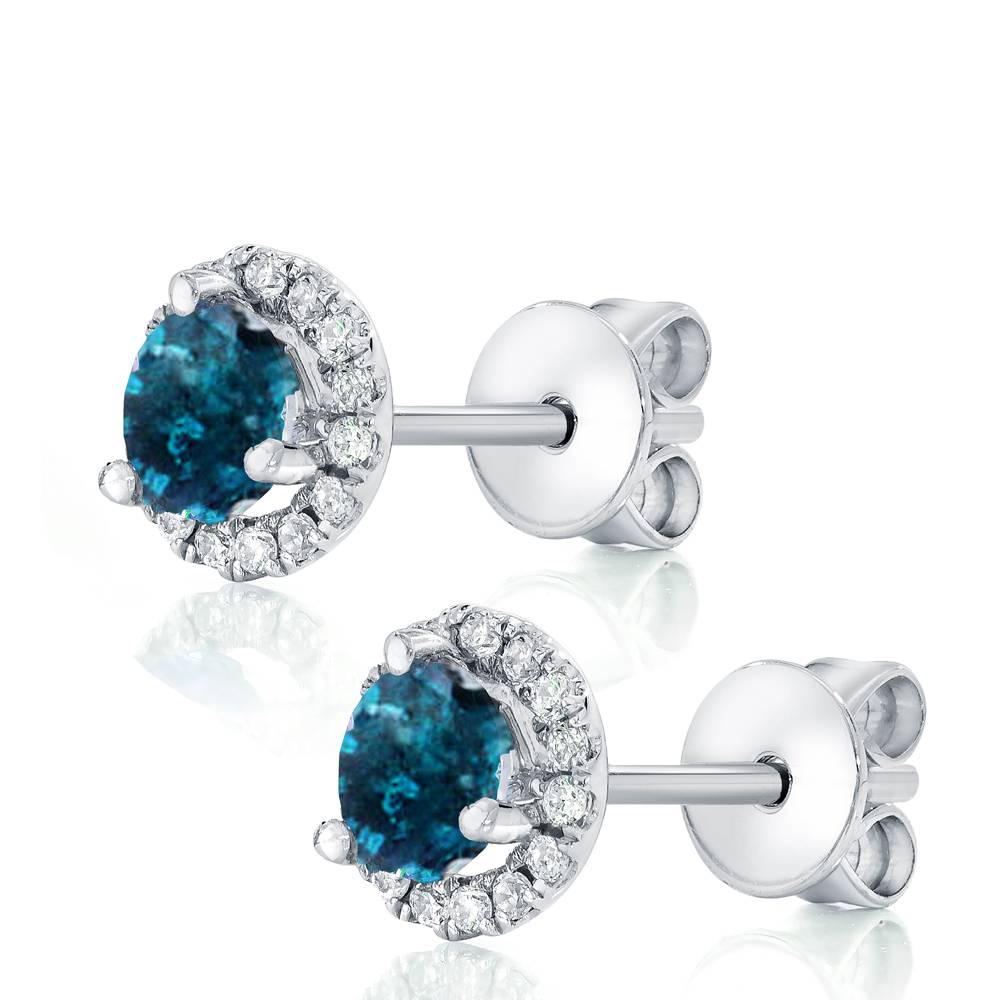 1Ct Blue Diamond Halo Studs 10k White Gold Earrings