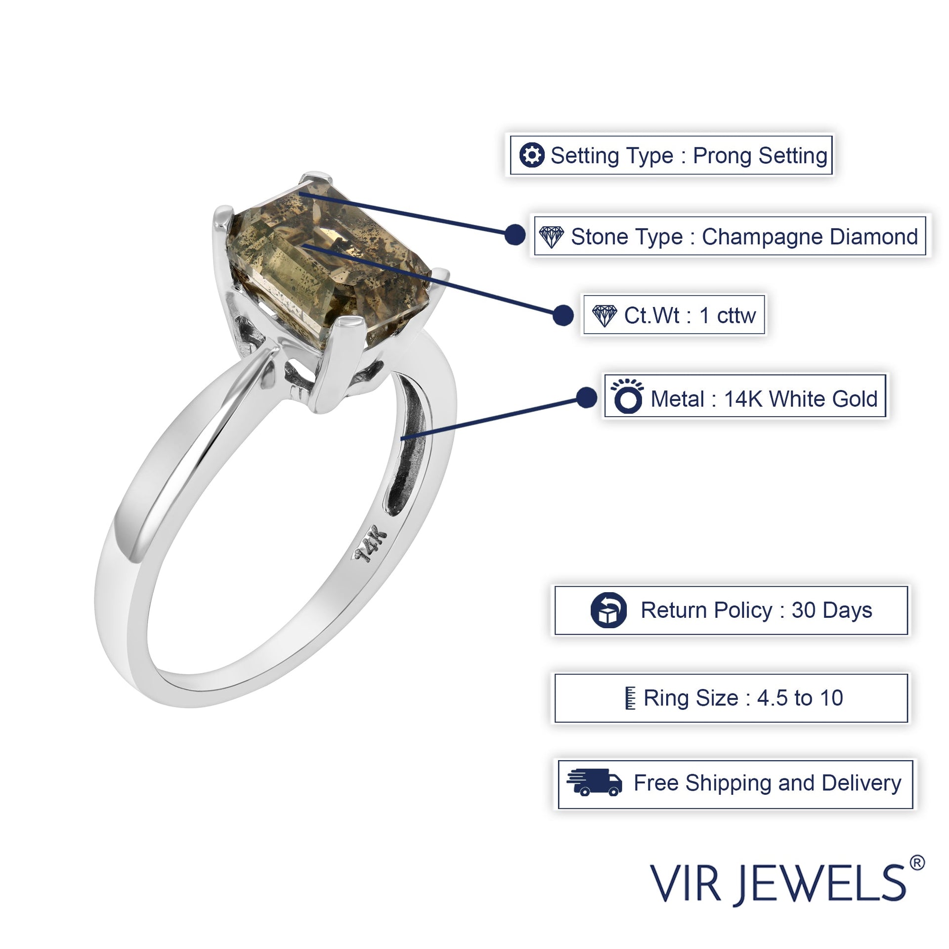 1 cttw Emerald Champagne Diamond Solitaire Engagement Ring 14K White Gold