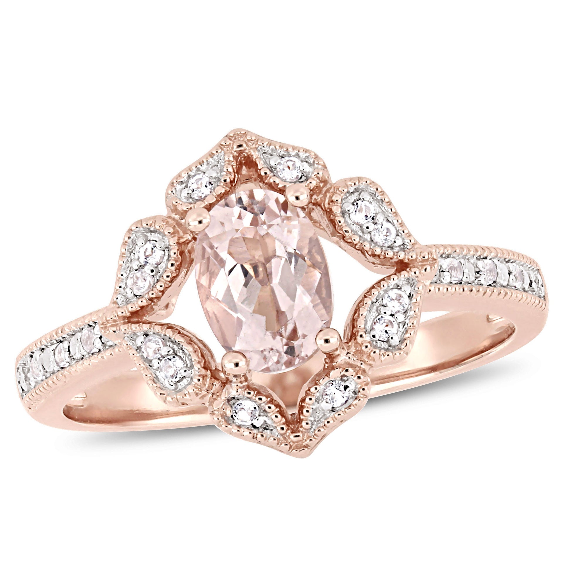 Mimi & Max Oval-cut Morganite White Topaz Floral Halo Ring 14 Rose Gold