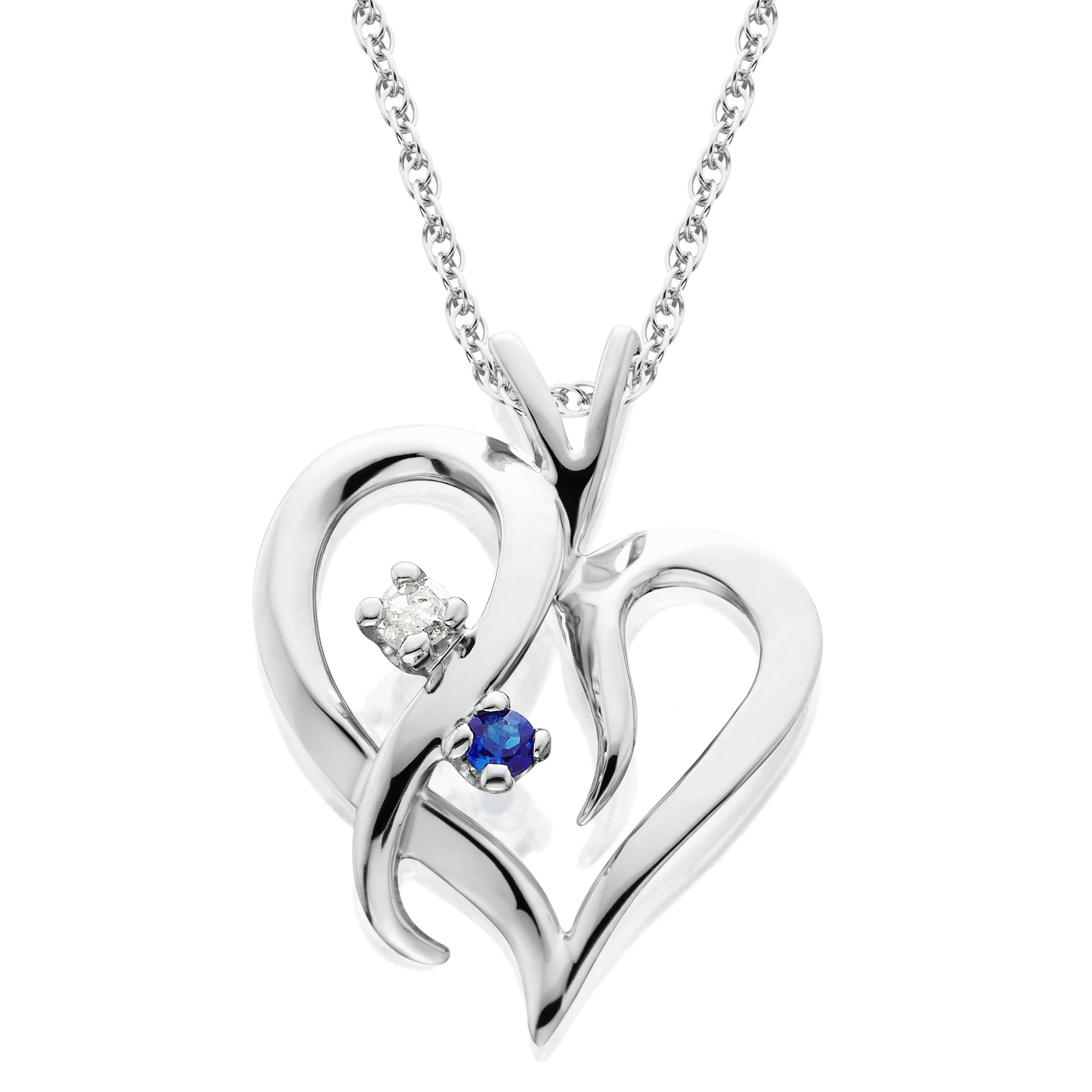 Blue Sapphire & Diamond Heart Pendant 14 KT White Gold With 18' Chain