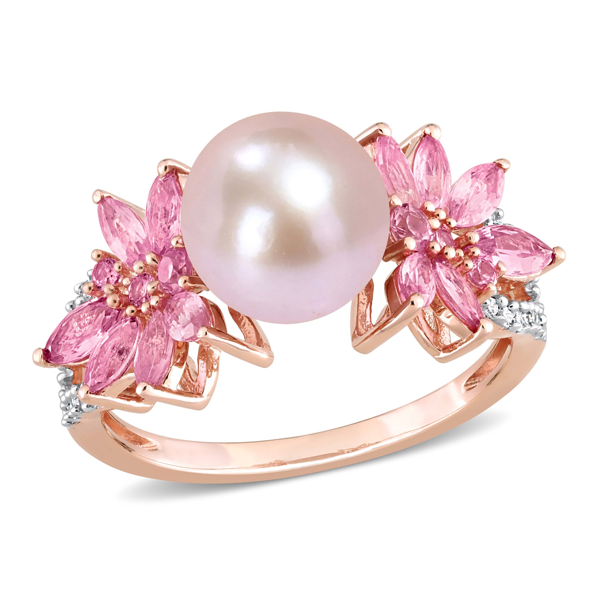 9-9.5 MM Cultured Freshwater Pearl and 3/4 CT TGW Pink Sapphire and 1/8 CT TW Diamond Flower Ring in 14k Rose Gold