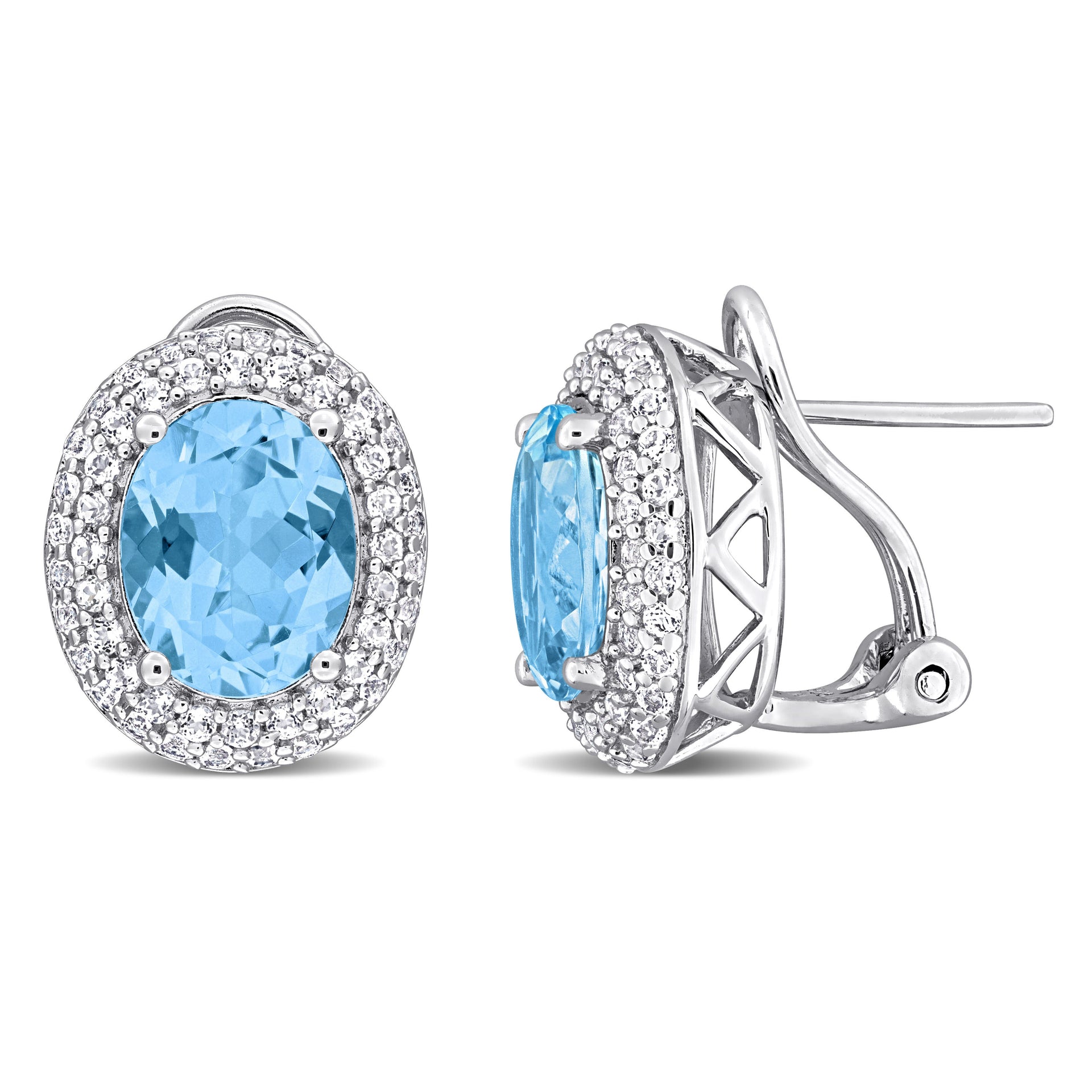Mimi & Max 8 5/8ct TGW Oval-Cut Sky Blue and White Topaz Double Halo Leverback Earrings in Sterling Silver