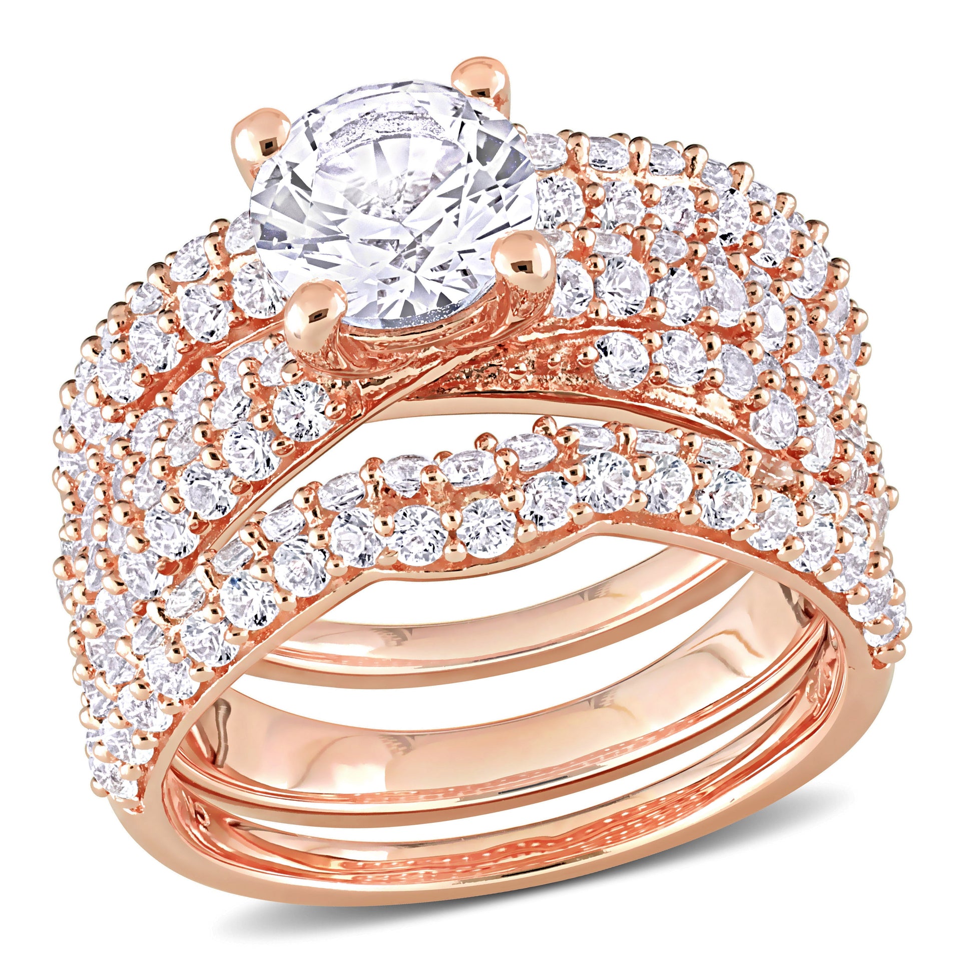 4 1/5ct TW Created White Sapphire Bridal Ring Set in Rose Silver