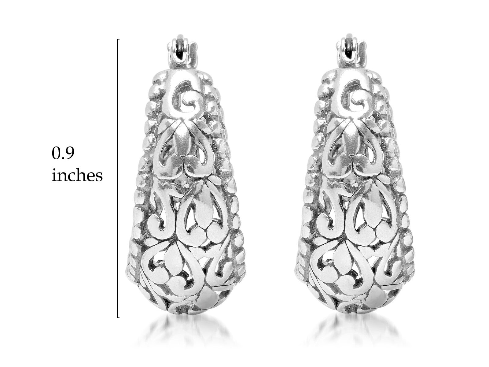 Sterling Silver Filigree Click-Top Oval Hoop Earrings (0.75 inches)