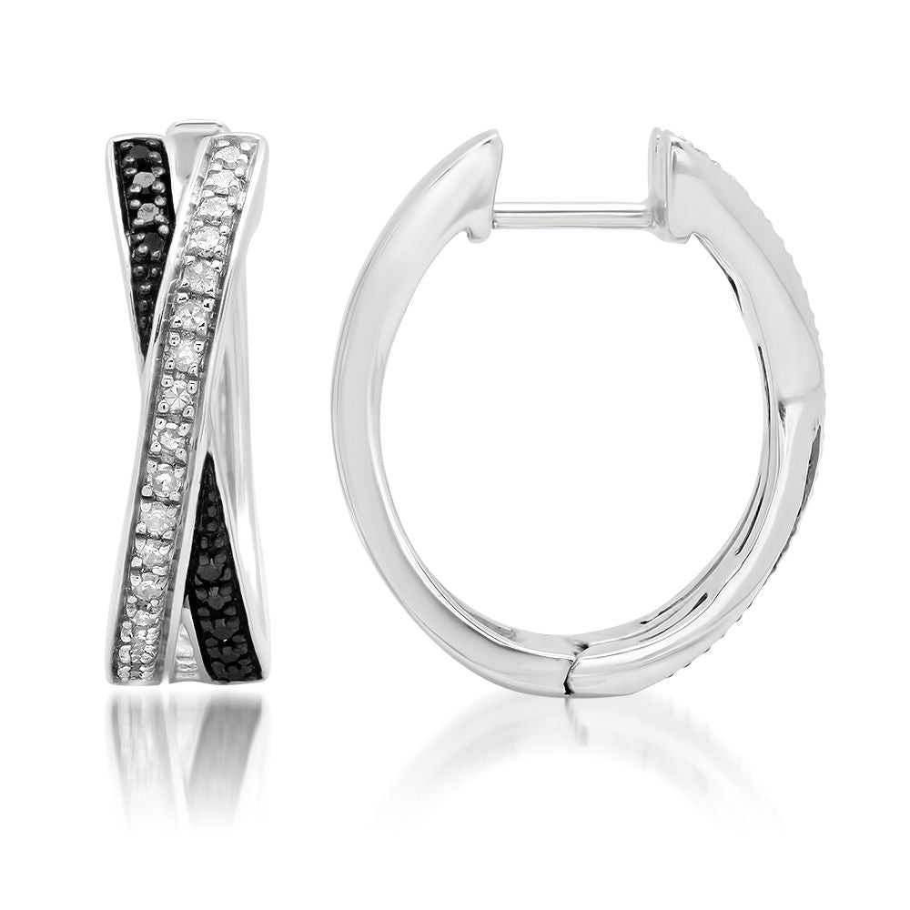 Sterling Silver Black and White Diamond 'X' Hoop Earrings (1/3 cttw, J-K Color, I2-I3 Clarity)