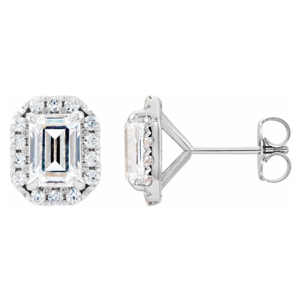 3/4 Ct Emerald Moissanite & Lab Grown Diamond Halo Studs 14k White Gold Earrings