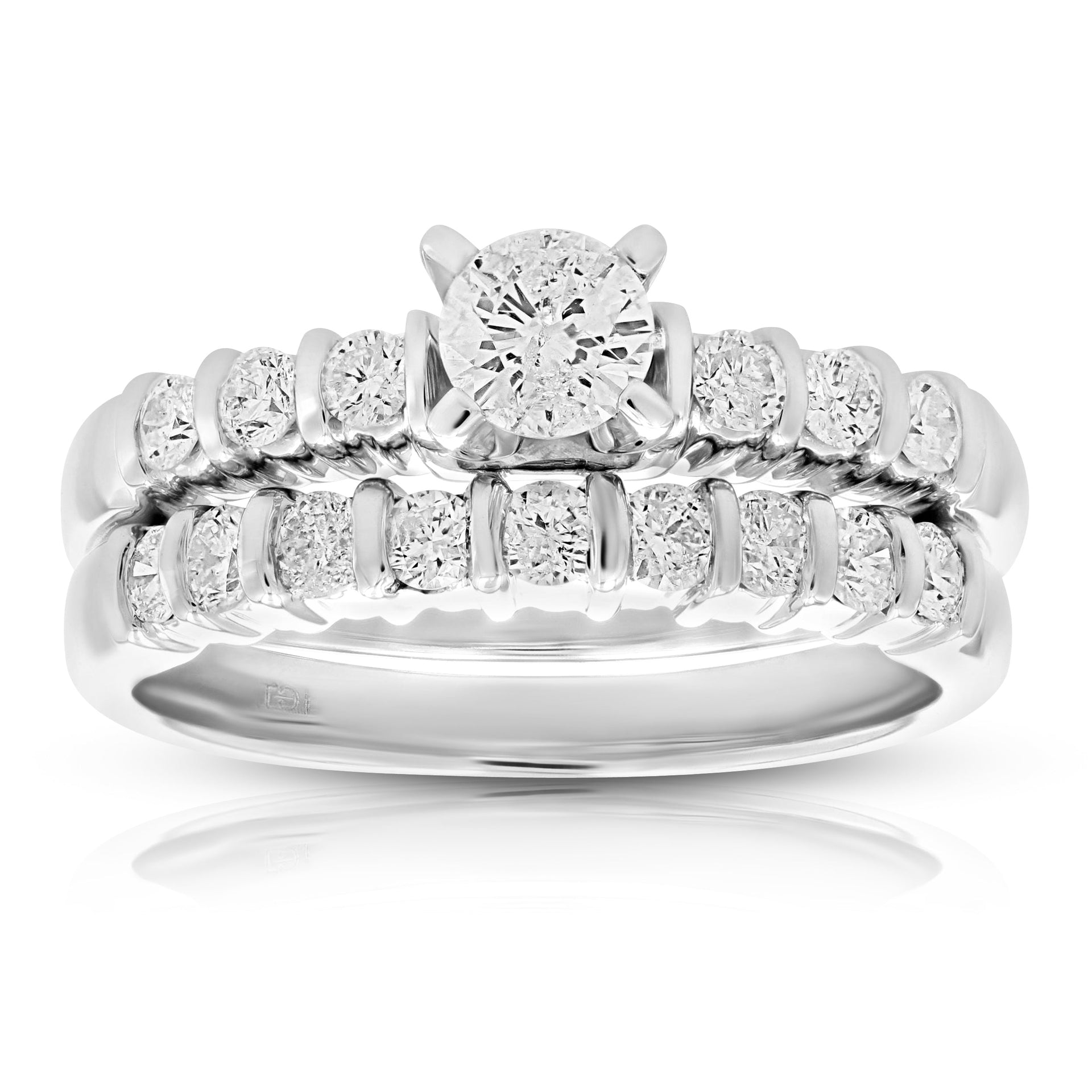 1 cttw Diamond Channel Set Wedding Engagement Ring Set 14K White Gold