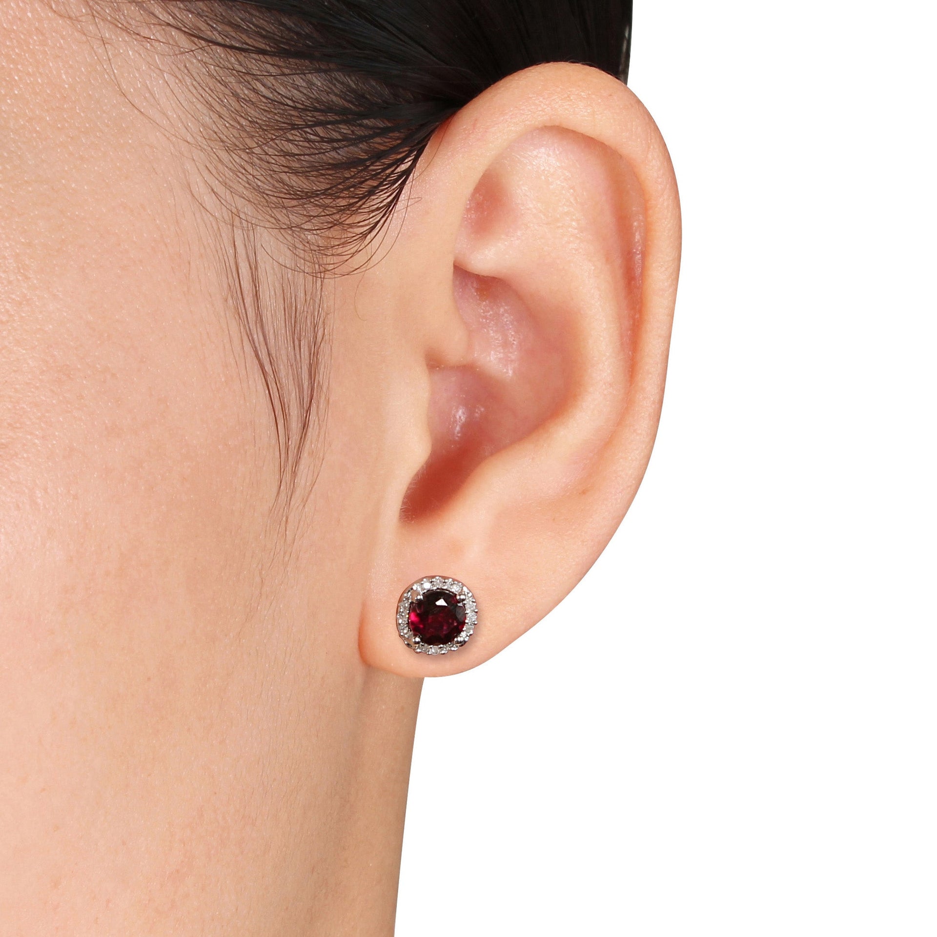 Garnet and Diamond Halo Stud Earrings in Sterling Silver