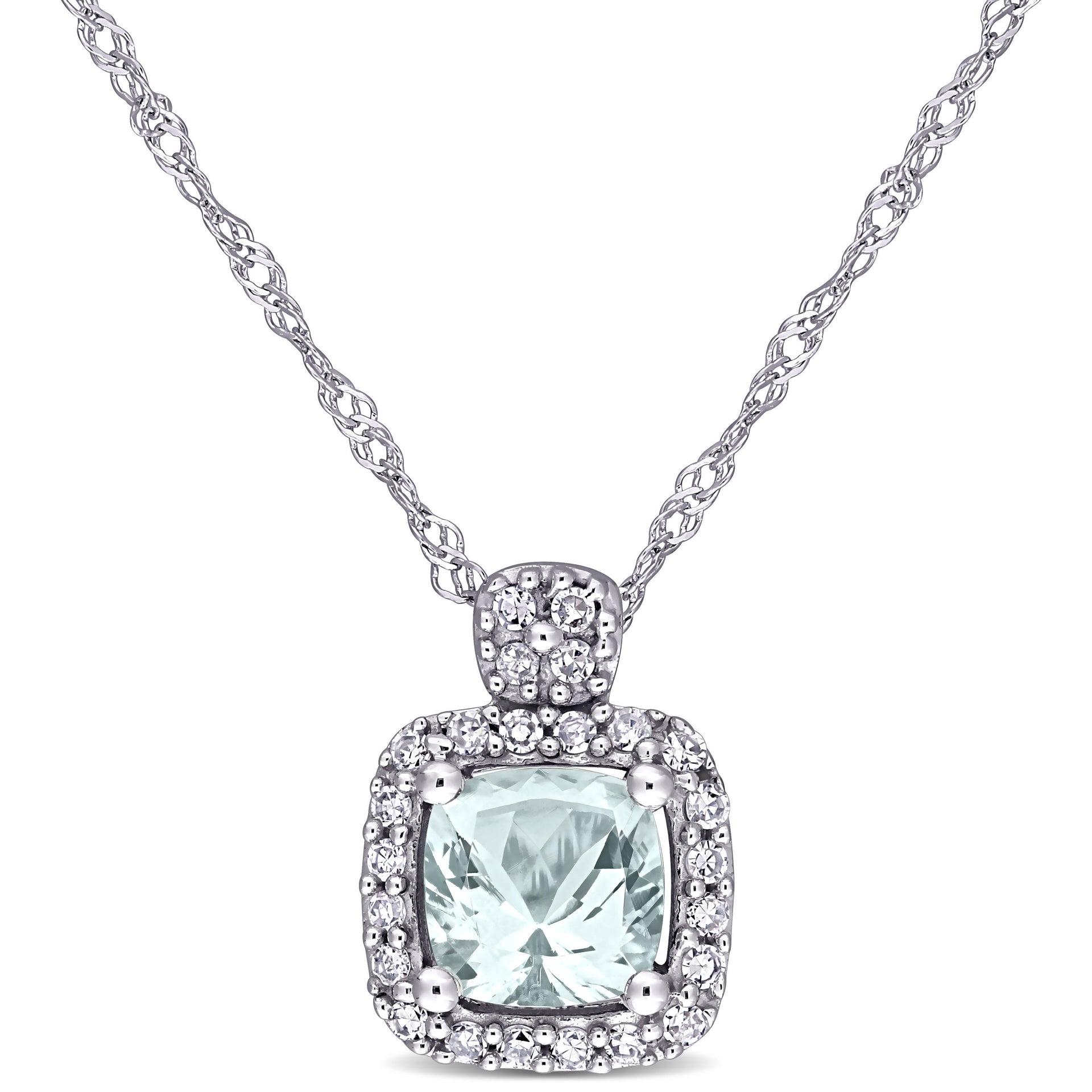 Cushion Cut Aquamarine and 1/10ct TW Diamond Necklace in 10k White Gold