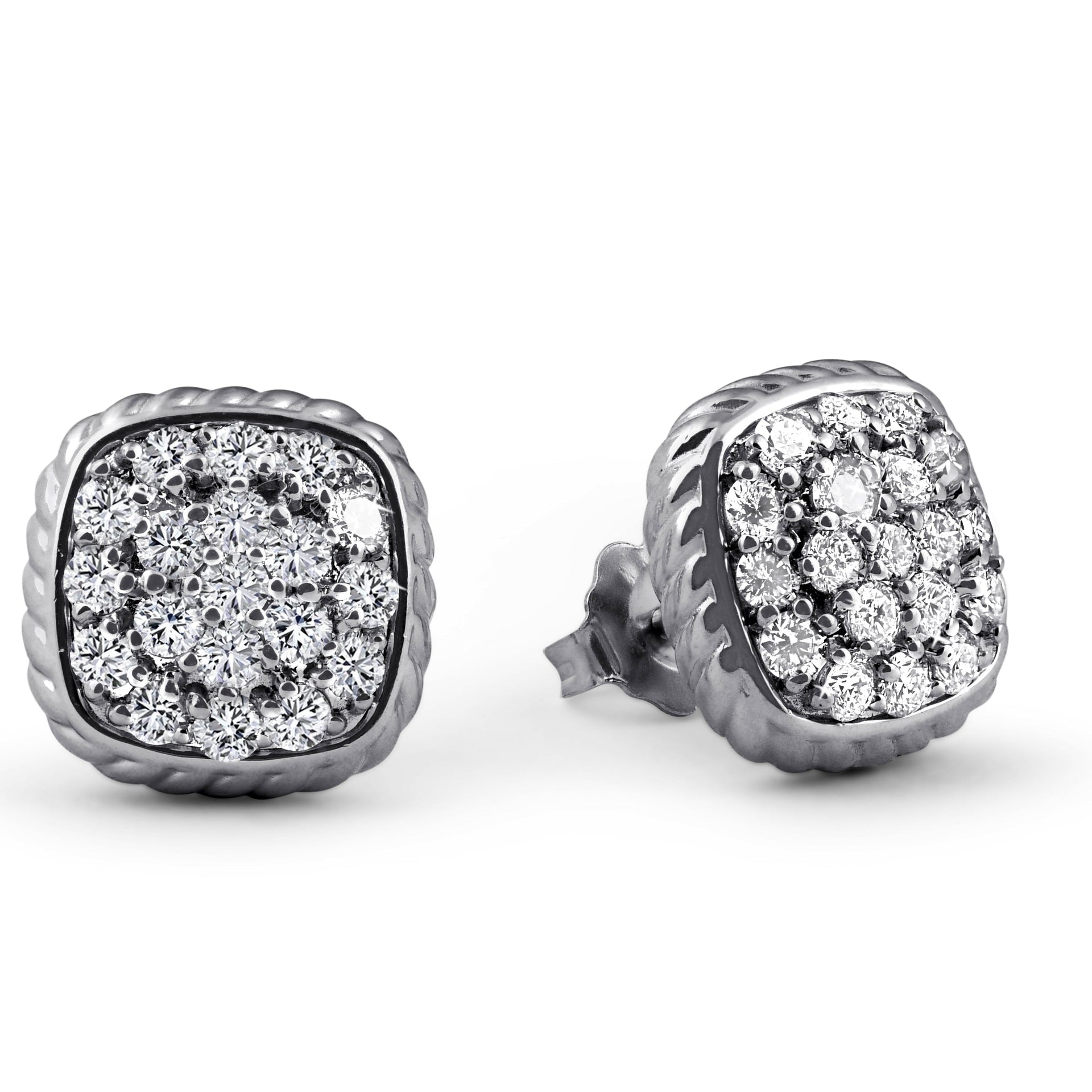 1ct Pave Diamond Cushion Shape Studs Braided Border Earrings 14k White Gold