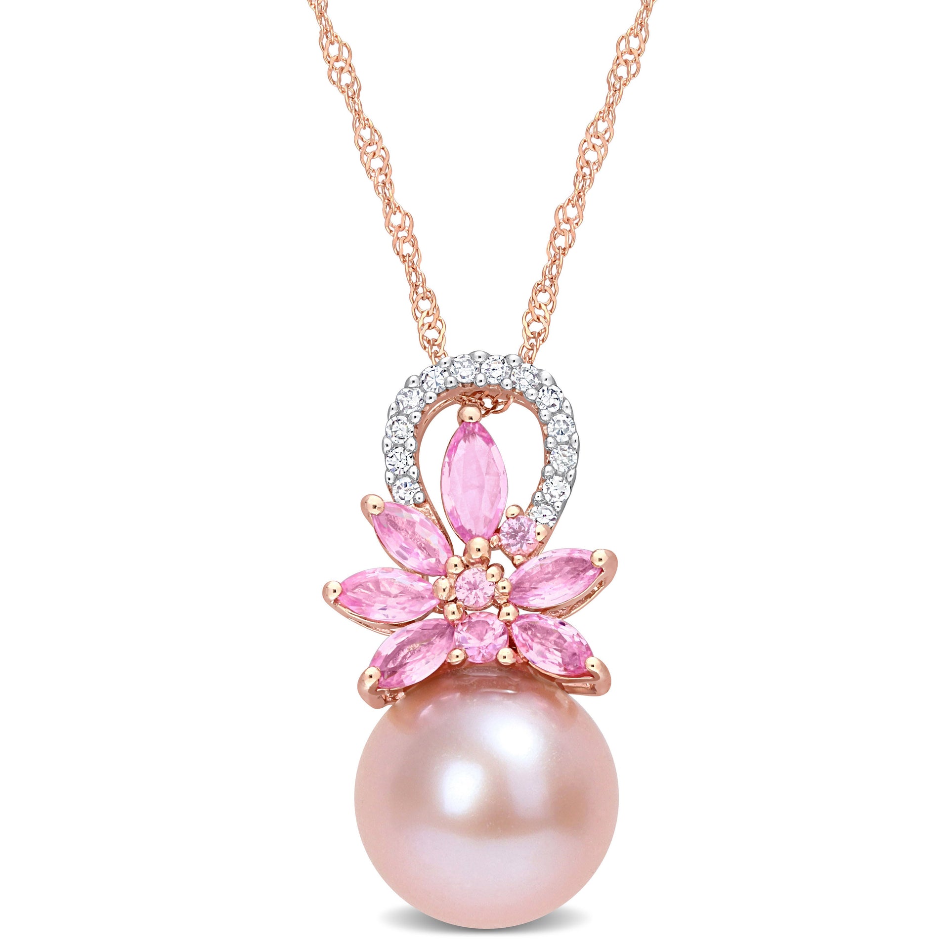 9.5-10 MM Cultured Freshwater Pearl and 1/2 CT TGW Pink Sapphire andnd Diamond Accent Flower Pendant with Chain in 14k Rose Gold
