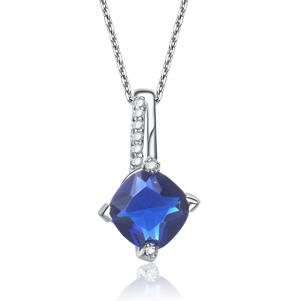 Gv C.z. Sterling Silver Rhodium Plated Round Sapphire Prong Set Pendant