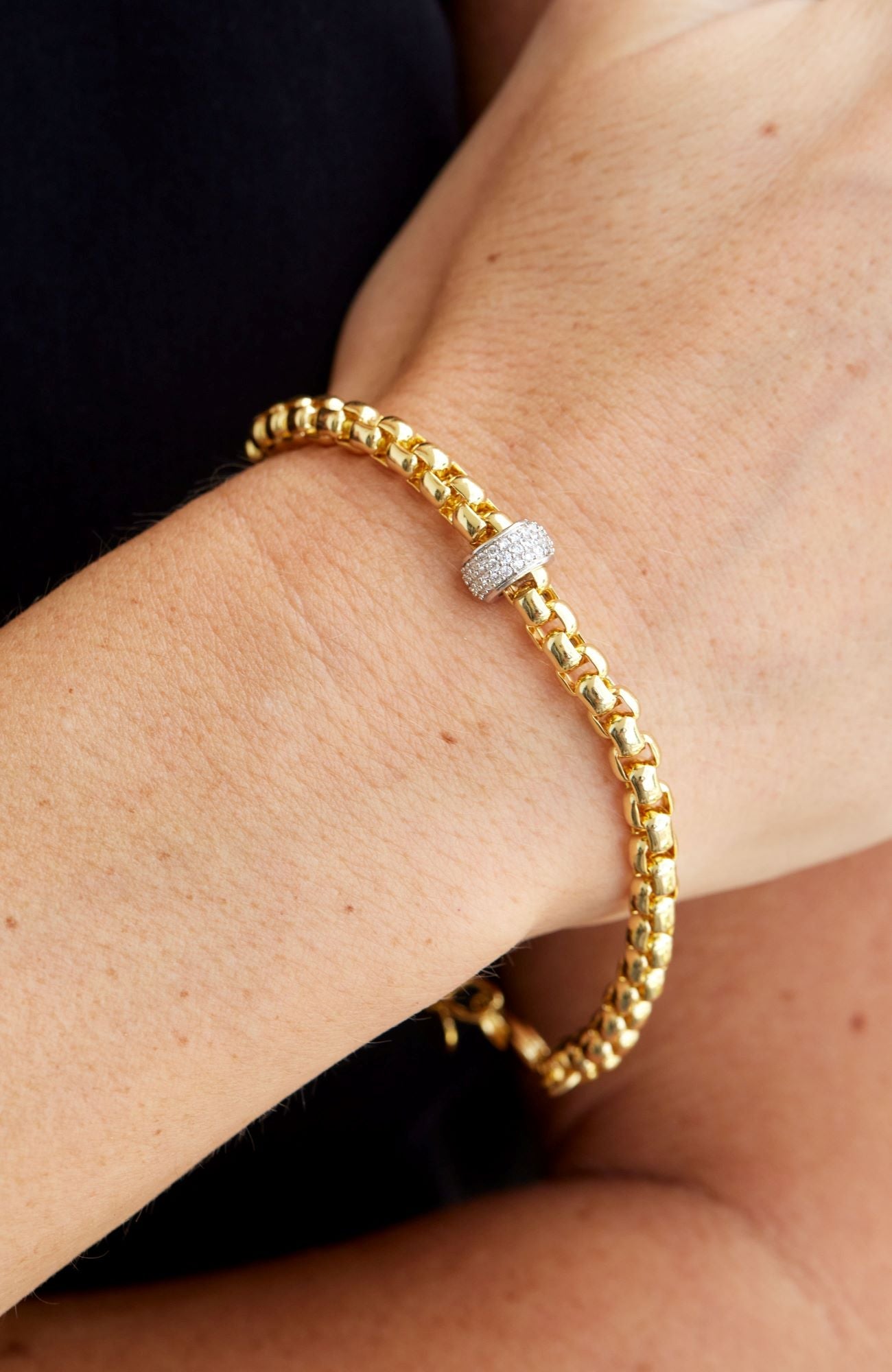 18k Gold Plated Round Franco with Pave Rhondelle Bracelet