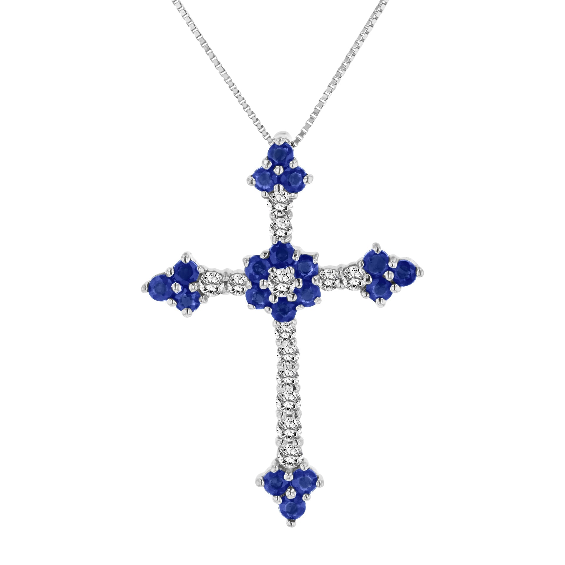 1.10ctw Diamond and Sapphire Cross Pendant in 14k White gold