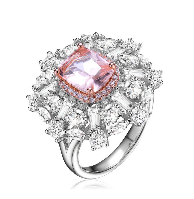 GENEVIVE Sterling Silver Two Tone Morganite Cubic Zirconia Cocktail Ring