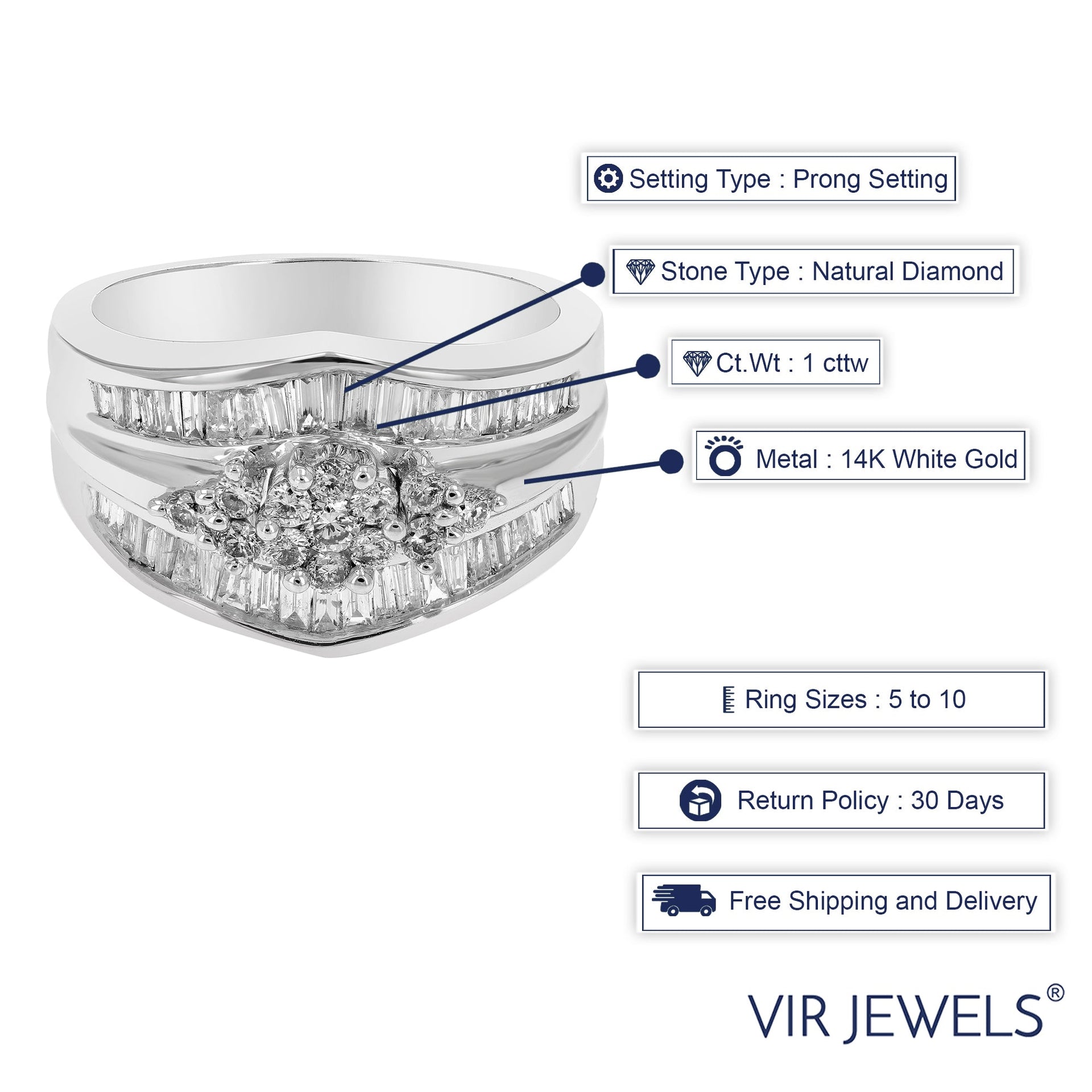 1 cttw SI3-I1 Diamond Cocktail Engagement Ring 14K White Gold Round Prong