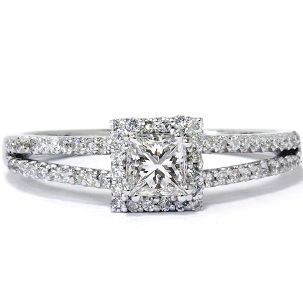 5/8 ct Princess Cut Halo Split Shank Engagement Ring 14K White Gold