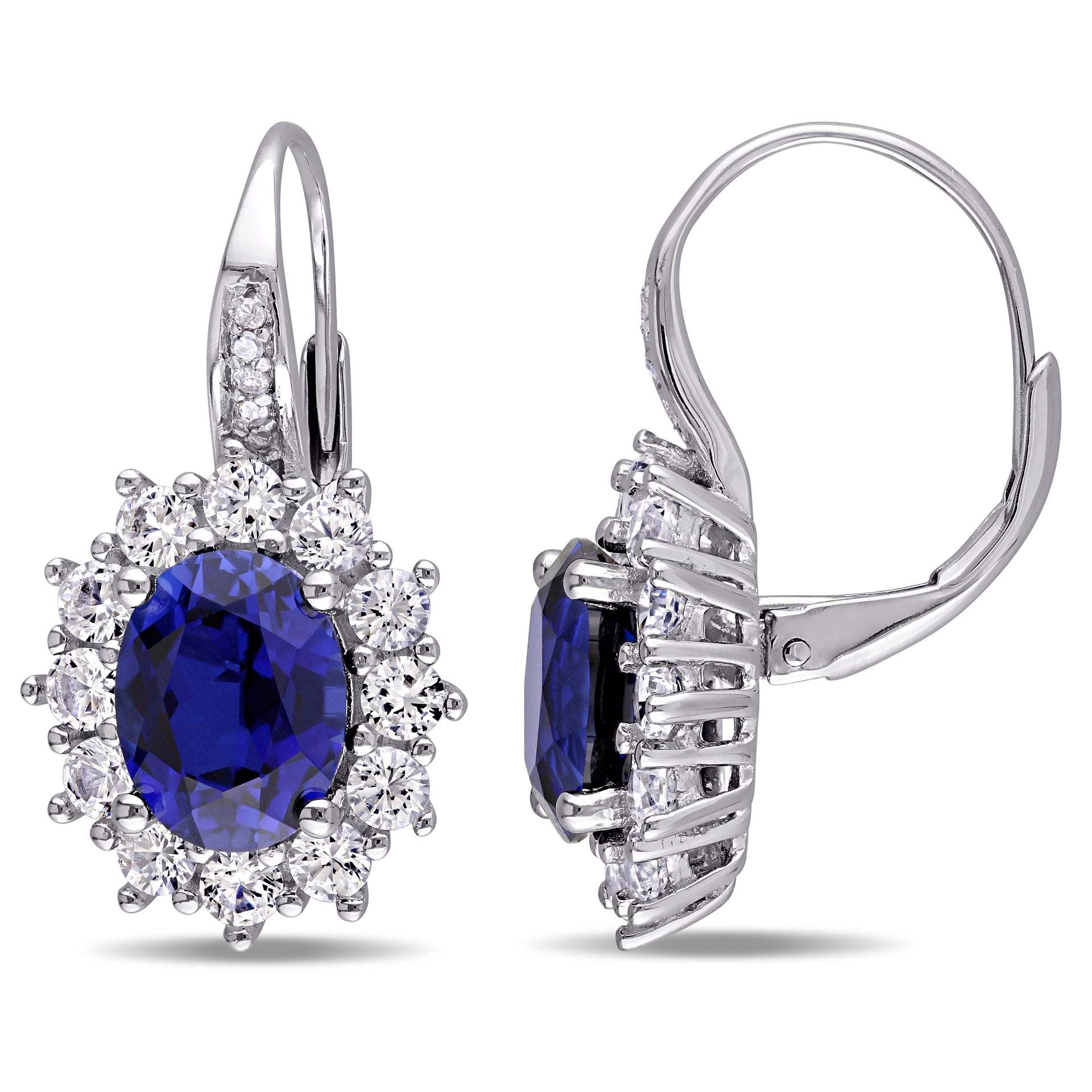 8.06 CT TGW Created Blue and White Sapphire and Halo Diamond Leverback Earrings in Sterling Silver