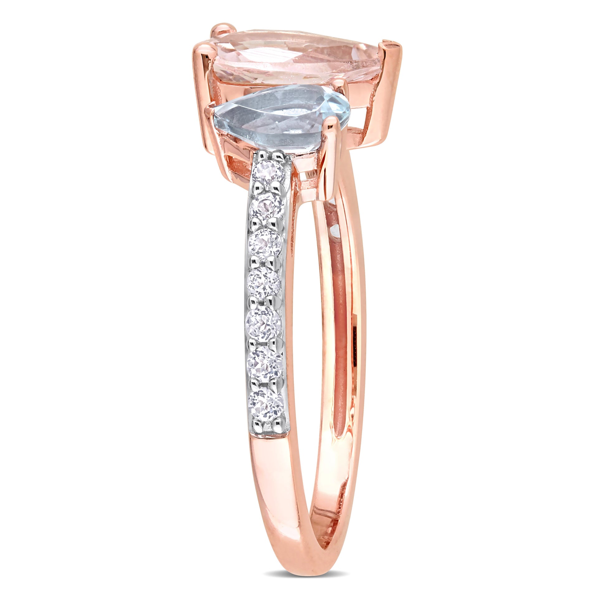 2 CT TGW Pear Shape Morganite, Aquamarine and White Topaz Ring in 10K Rose Gold