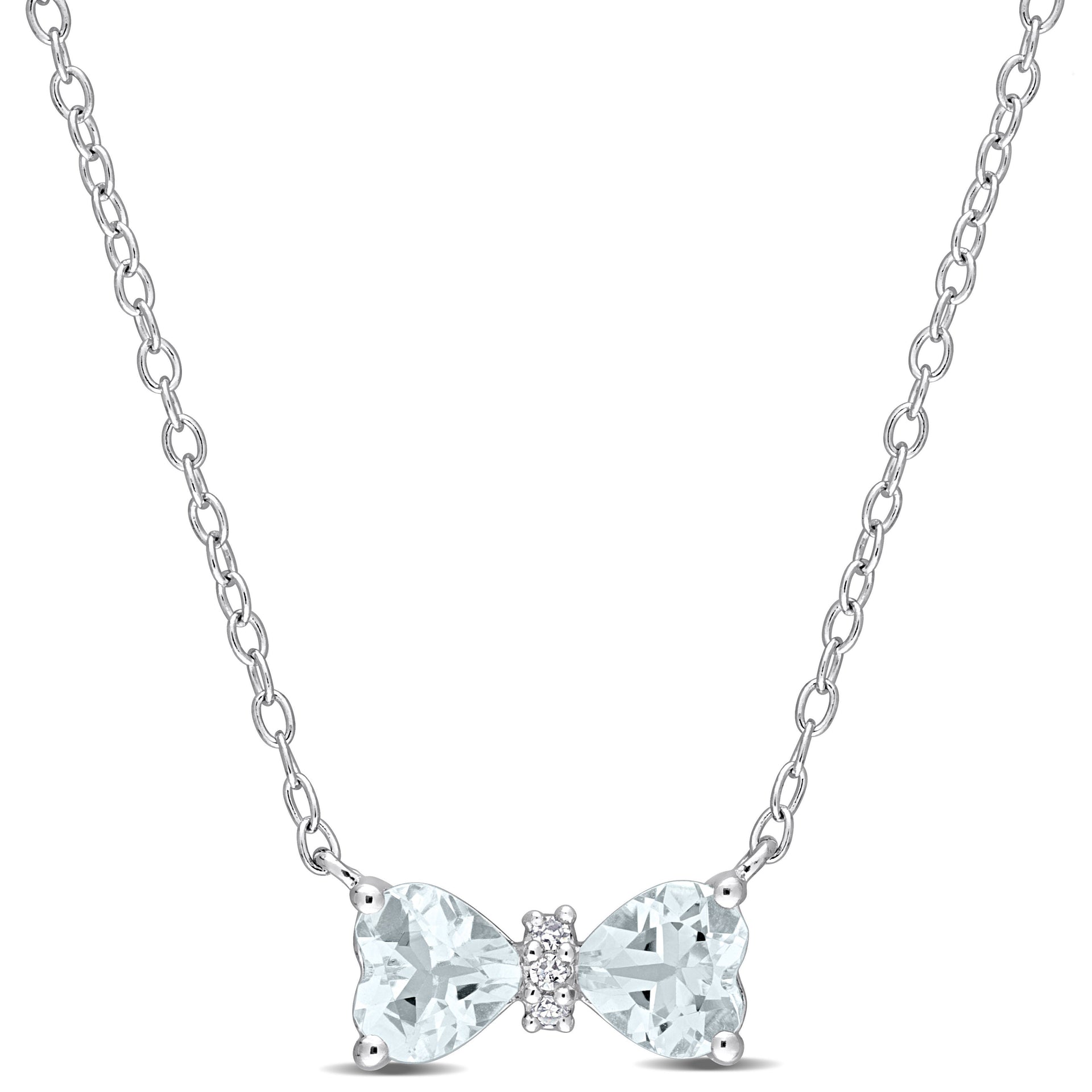 Mimi & Max 3/4 CT TGW Heart Aquamarine and Diamond Accent Bow Necklace in Sterling Silver