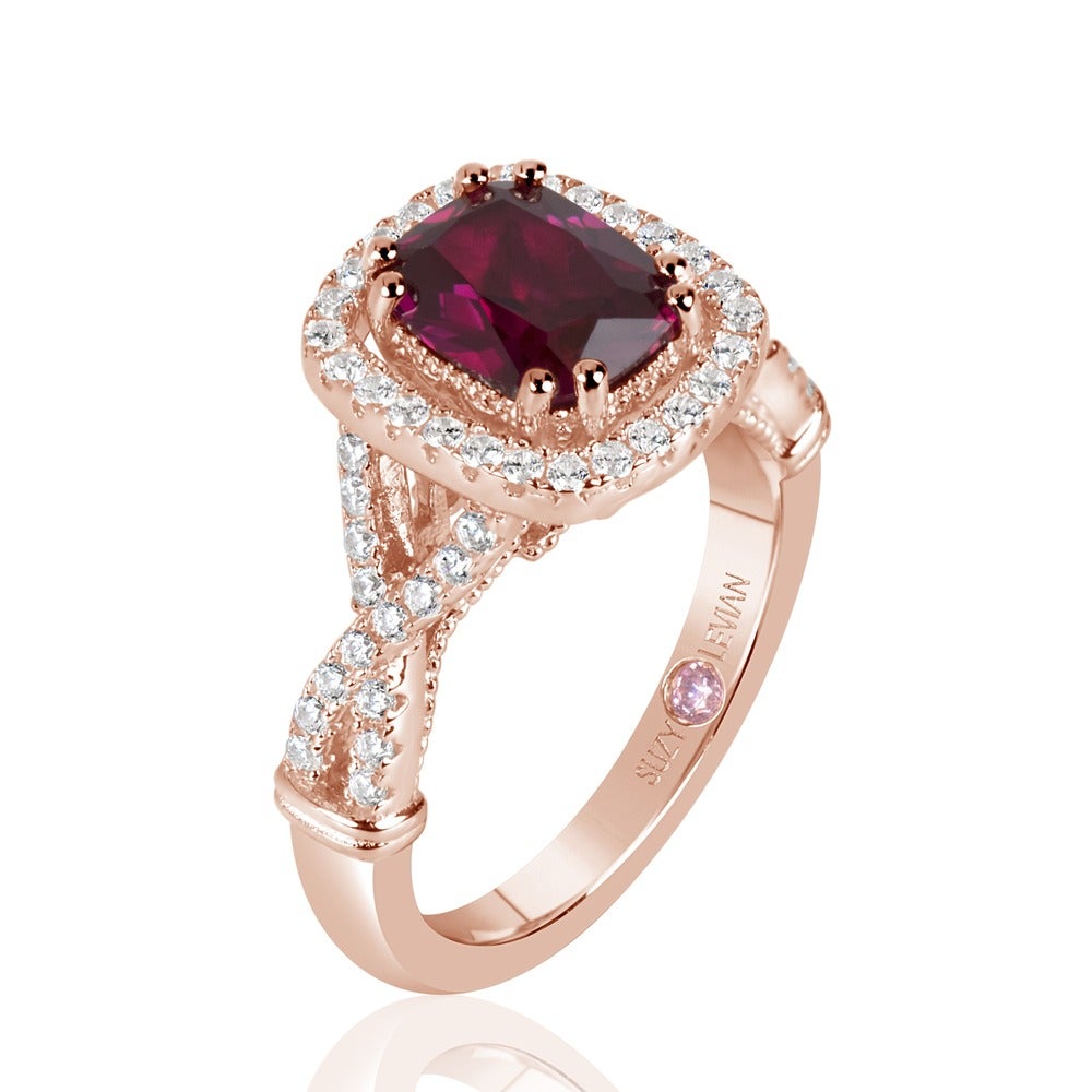 Suzy Levian Rose Sterling Silver Created Ruby and White Cubic Zirconia Engagement Ring