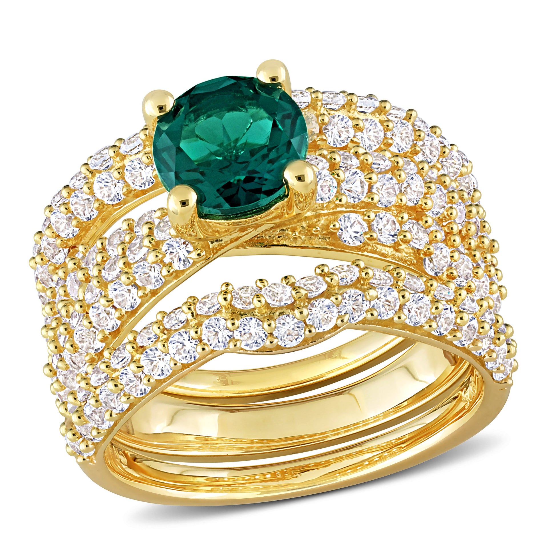 3 3/4 ct TW Created Emerald Created White Sapphire Bridal Ring Set in Yellow Silver