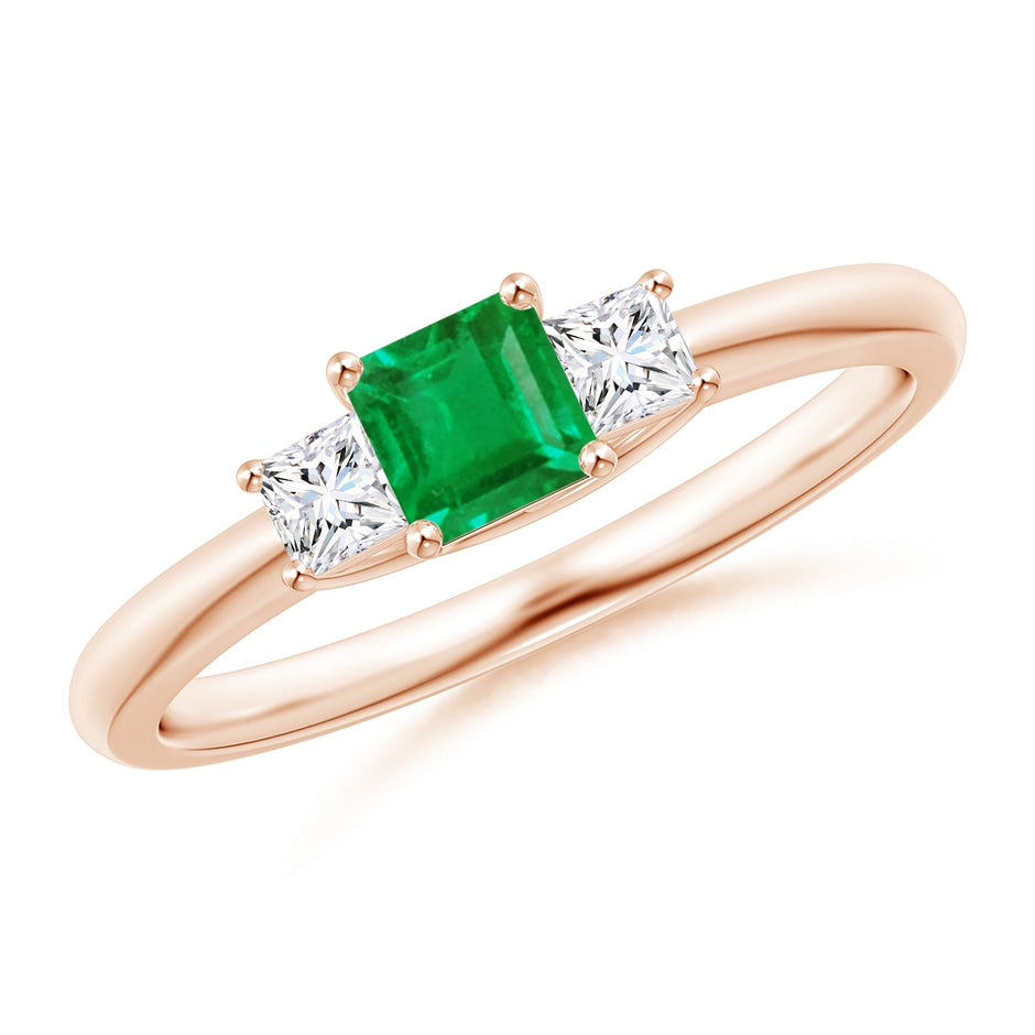 Square Emerald and Princess Diamond Three Stone Engagement Ring
