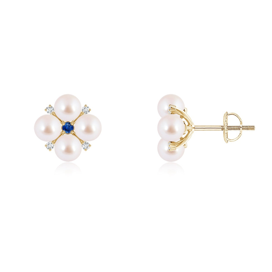 Japanese Akoya Pearl Floral Studs with Blue Sapphire