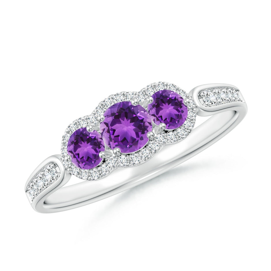 Floating Three Stone Amethyst Ring with Diamond Halo