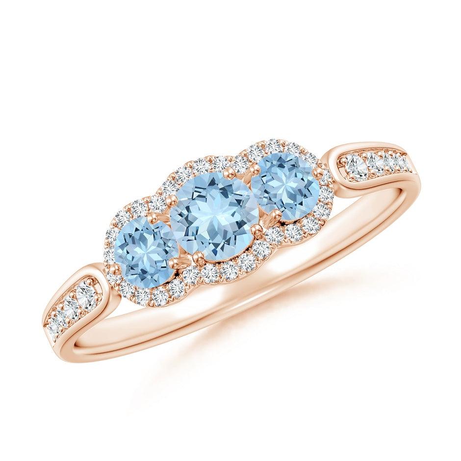 Floating Three Stone Aquamarine Ring with Diamond Halo