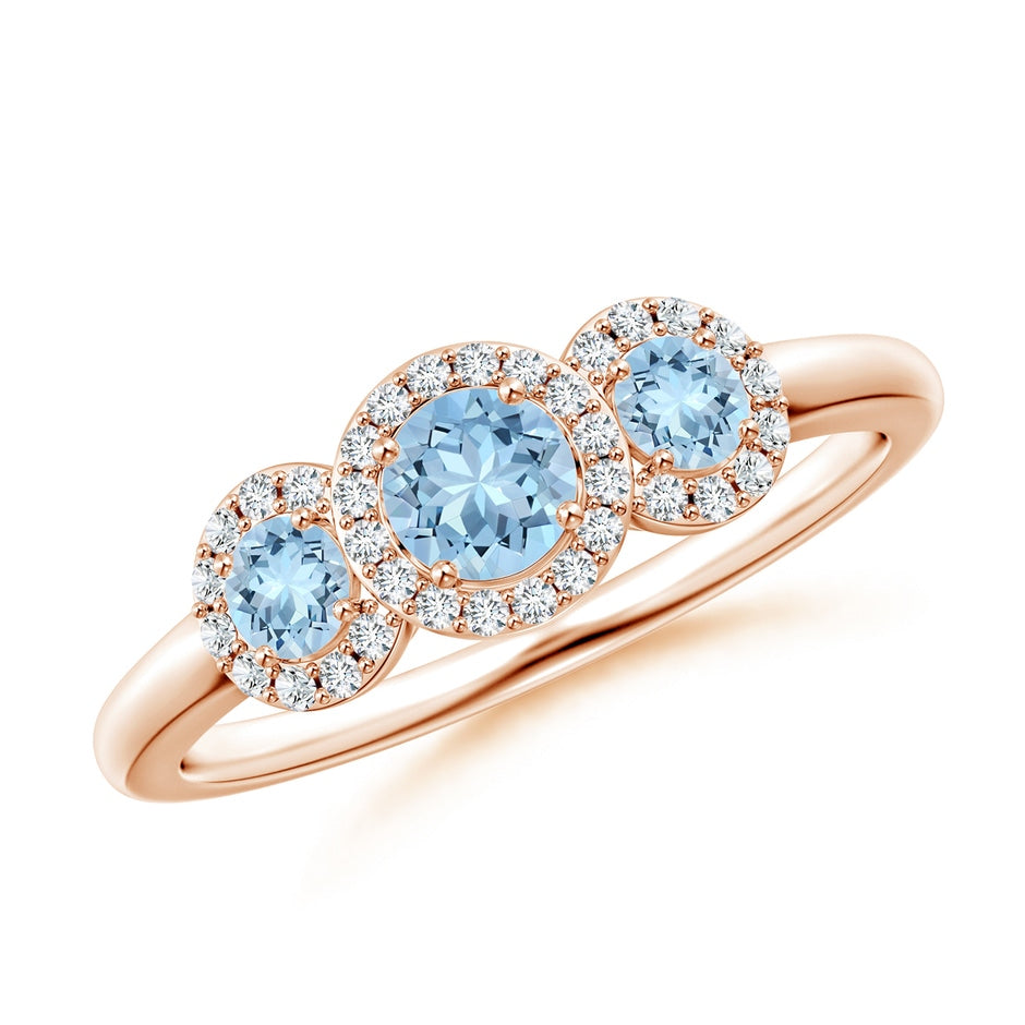 Round Aquamarine Three Stone Halo Ring with Diamonds
