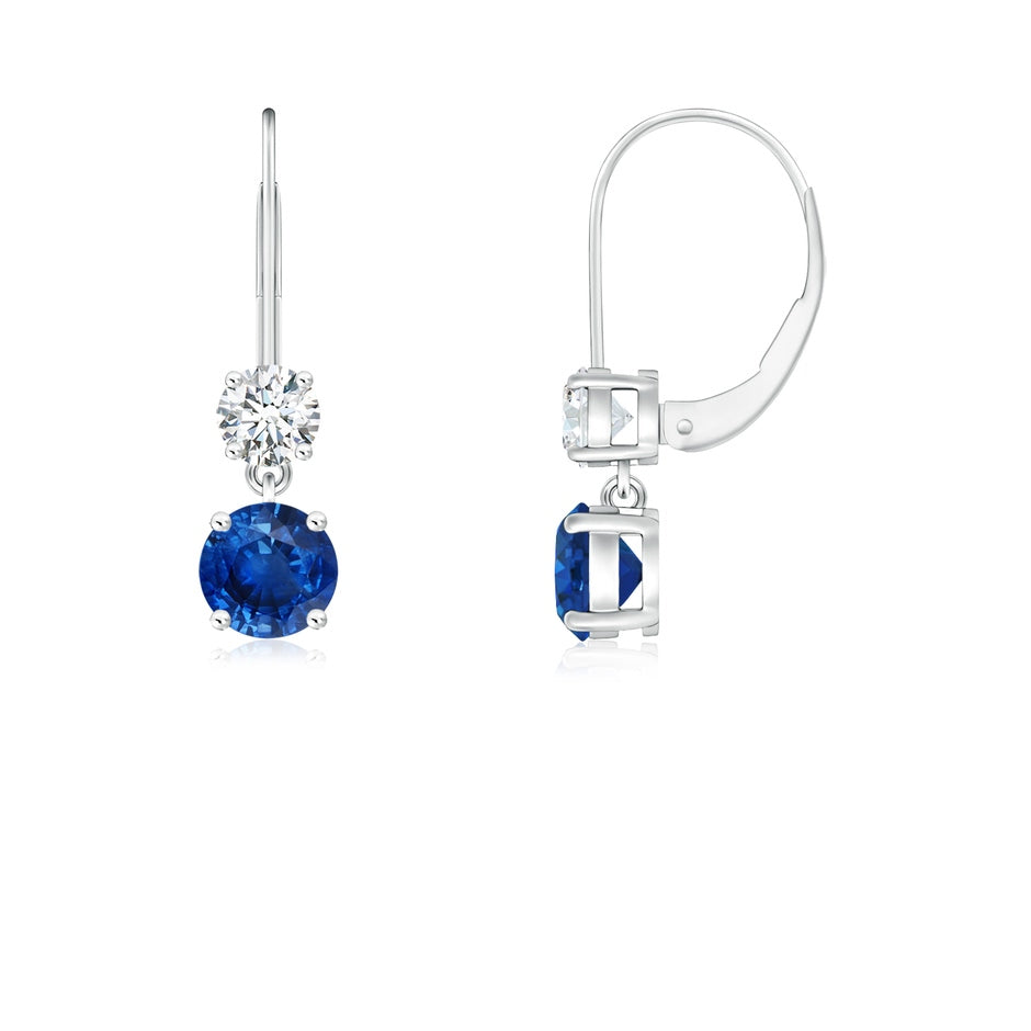 Round Blue Sapphire Leverback Dangle Earrings with Diamond