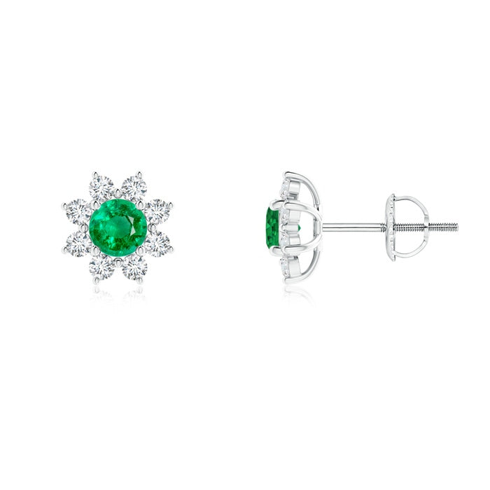 Round Emerald and Diamond Flower Stud Earrings