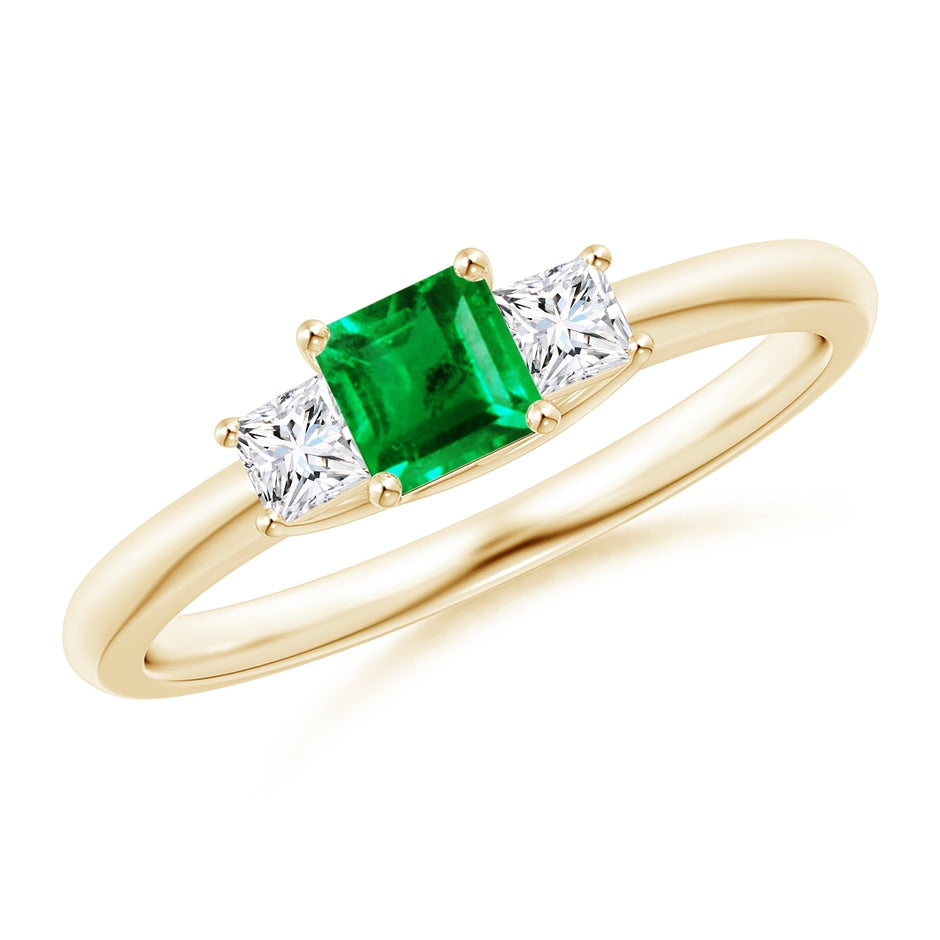 Square Emerald and Princess Diamond Three Stone Engagement Ring