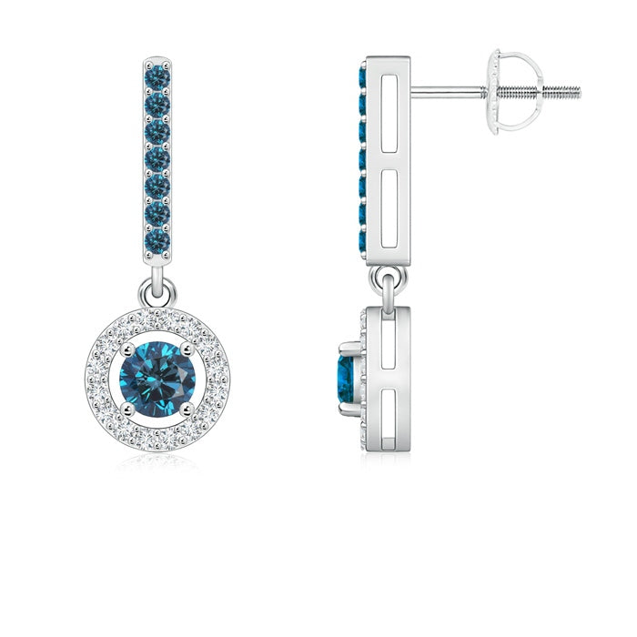 Floating Round Enhanced Blue Diamond Halo Drop Earrings