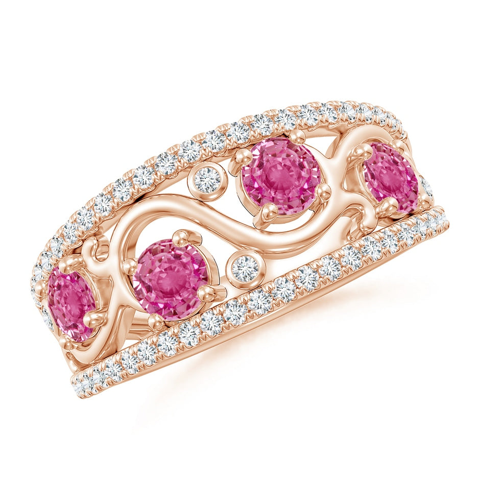 Nature Inspired Round Pink Sapphire & Diamond Filigree Band
