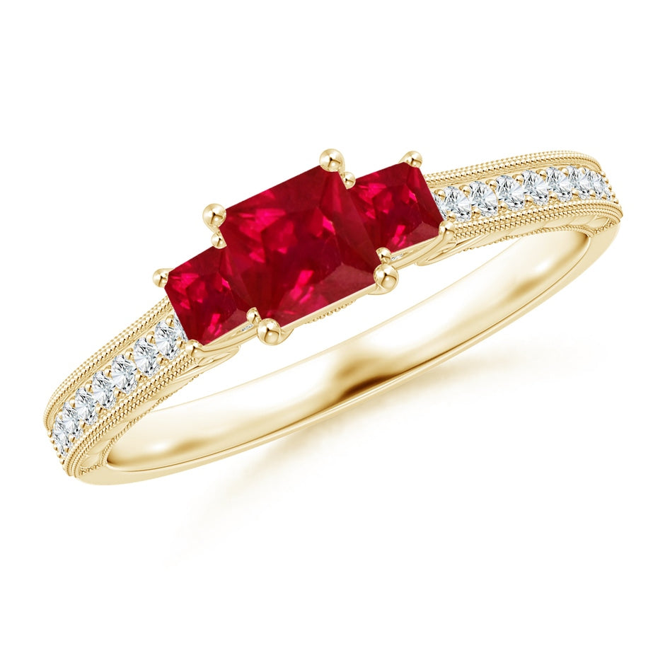 Aeon Vintage Style Square Ruby Three Stone Engagement Ring with Milgrain