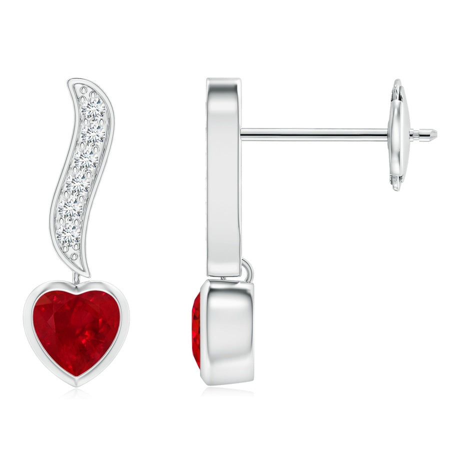 Heart-Shaped Ruby and Diamond Swirl Drop Earrings