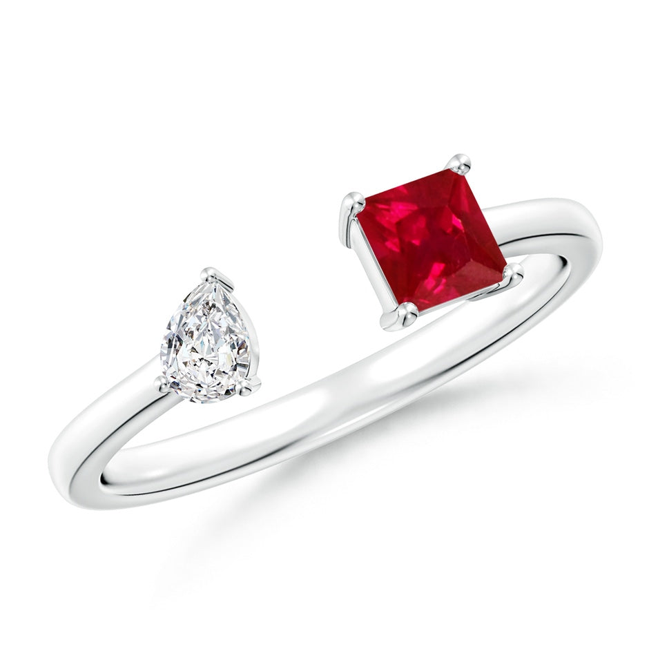 Two-Stone Square Ruby & Pear Diamond Open Ring