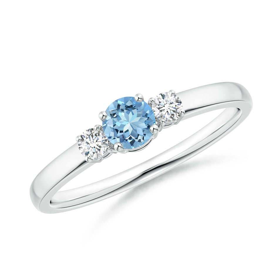 Classic Round Aquamarine and Diamond Three Stone Engagement Ring