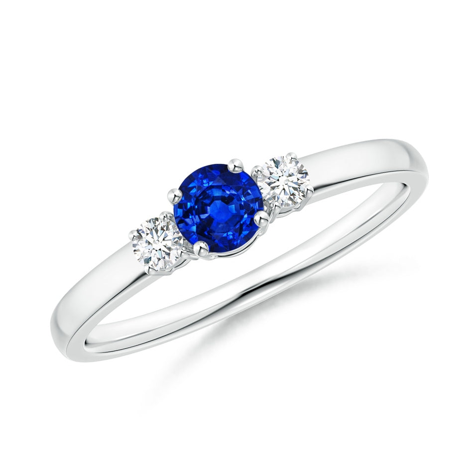 Classic Round Blue Sapphire and Diamond Three Stone Engagement Ring
