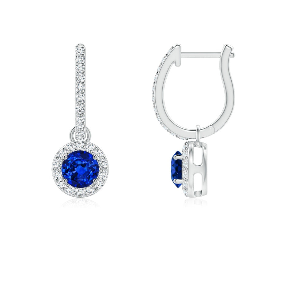 Lab-Grown Round Blue Sapphire Dangle Earrings with Lab Diamond Halo