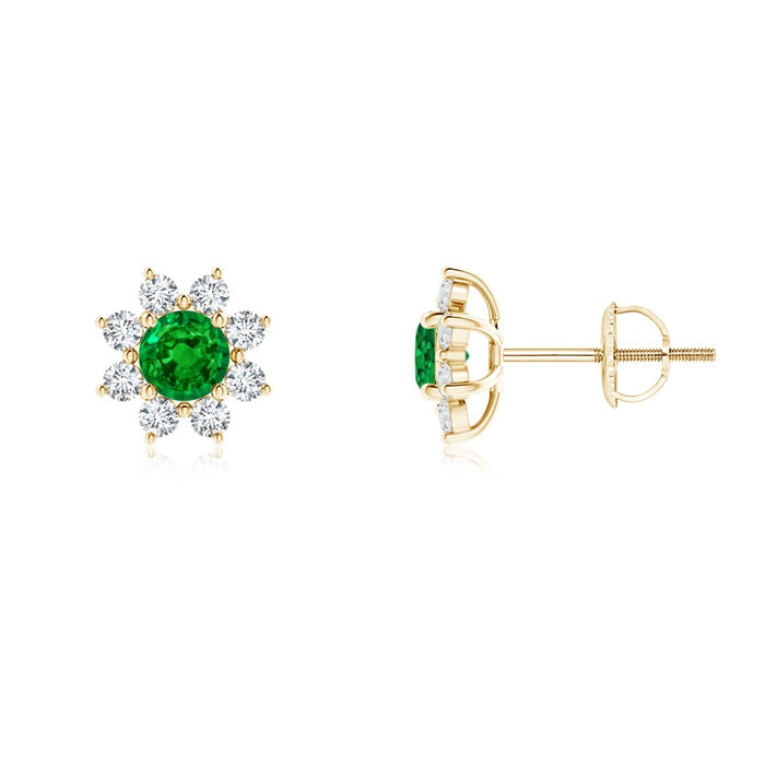 Round Emerald and Diamond Flower Stud Earrings